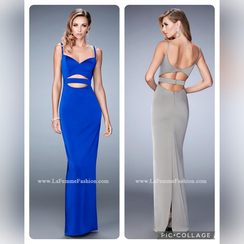La Femme Sapphire Blue Fitted Gown w/ Cutouts Size 2